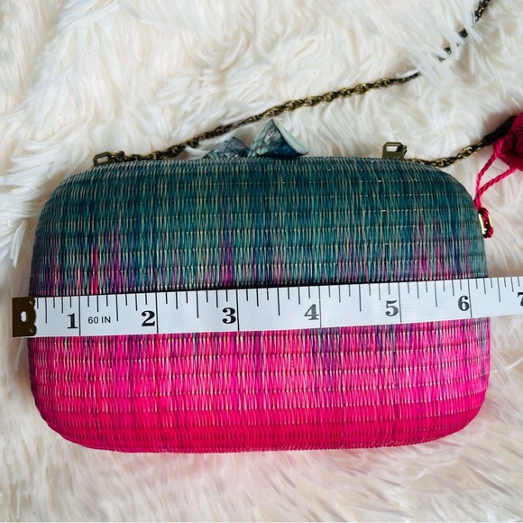 Serpui Marie NWOT Ombré Woven Clutch Crossbody Pink Green Tassel - Picture 10 of 12
